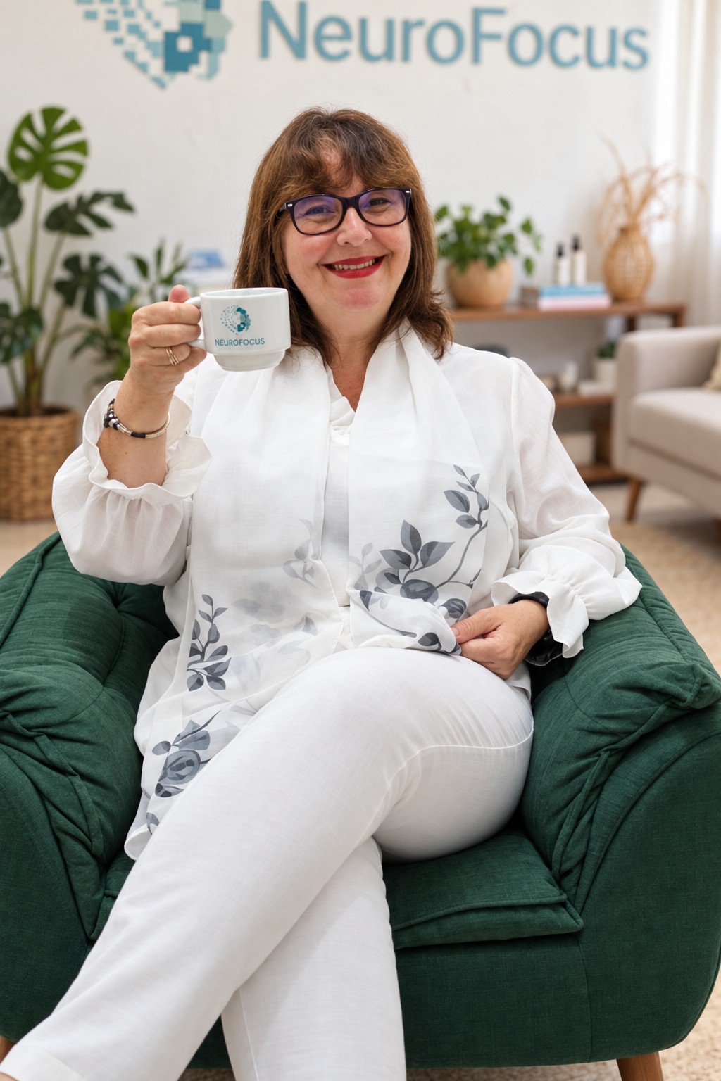 Juliane Castanha sorrindo, com uma xícara na mão, em uma poltrona no Instituto Neurofocus.